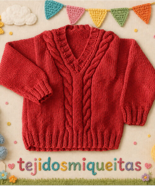 3. Suéter cerrado con trenzas y cuello en “V” (PDF) Tallas de 0 meses a 10 años