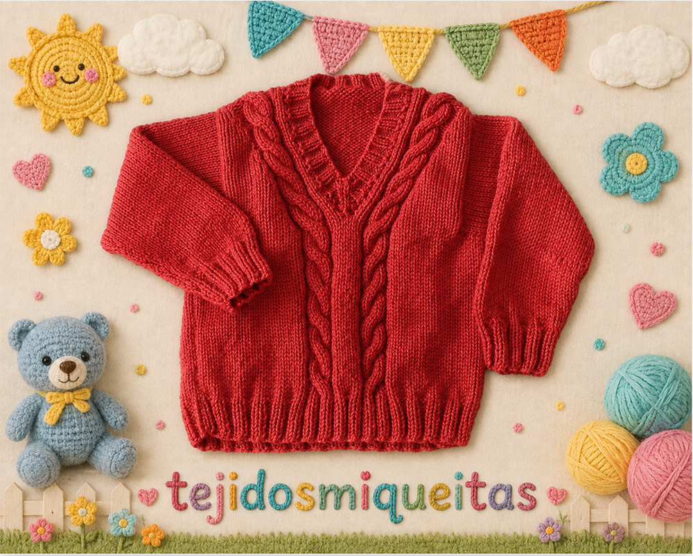 3. Suéter cerrado con trenzas y cuello en “V” (PDF) (Tallas desde nacimiento a 10 años)
