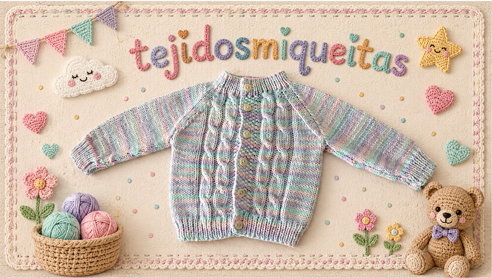 8. Chaqueta básica empezada por abajo con puntada de trenzas (PDF) (Tallas desde nacimiento a 10 años)