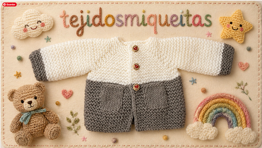 30. Chaqueta empezada por el cuello con lana gruesa (Tallas desde nacimiento a 10 años)